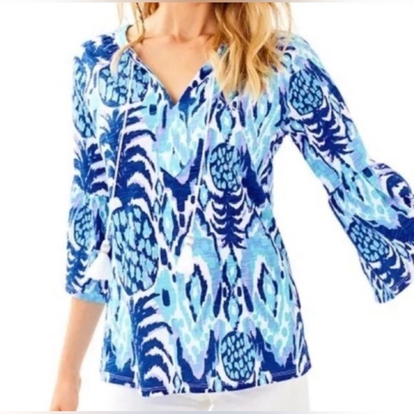 Lilly Pulitzer Del Lago Tunic Top Tropi Call Me Blue White Pineapple 3/4 Sleeve - Picture 1 of 7